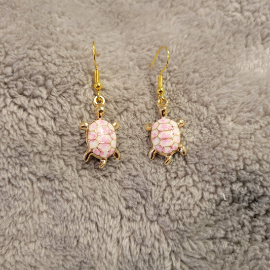 Turtles #2 Womens Earrings One Pair Zinc Alloy Pink White Hanging Gold Tone