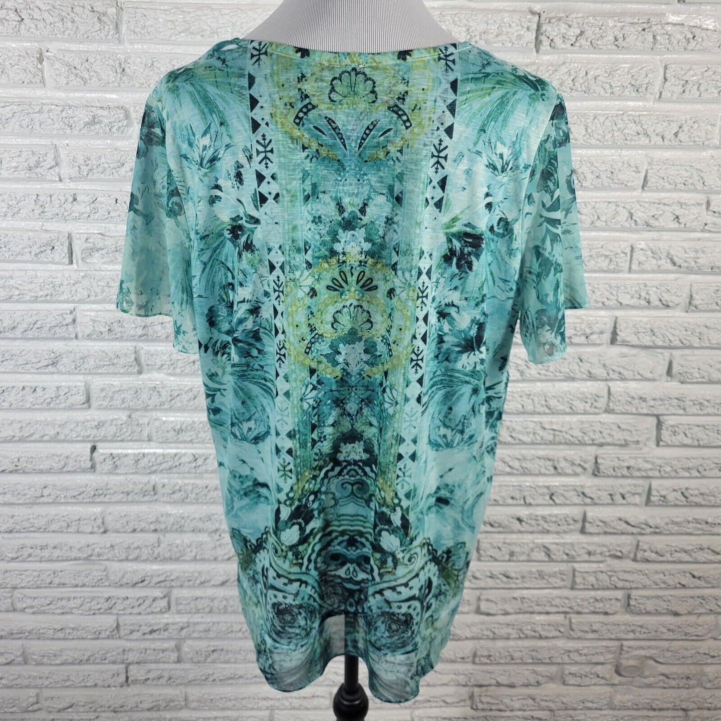 Time Tru Womens Top XL Flutter Sleeve Blue Green Geometric Rhinestones Comfy