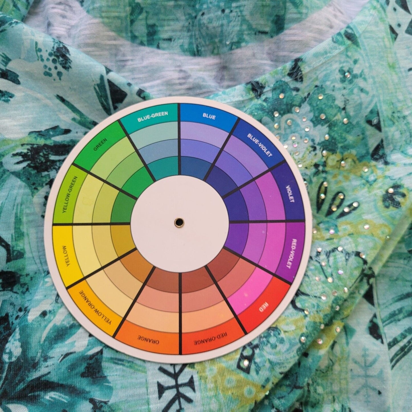 Time Tru Womens Top XL Flutter Sleeve Blue Green Geometric Rhinestones Comfy