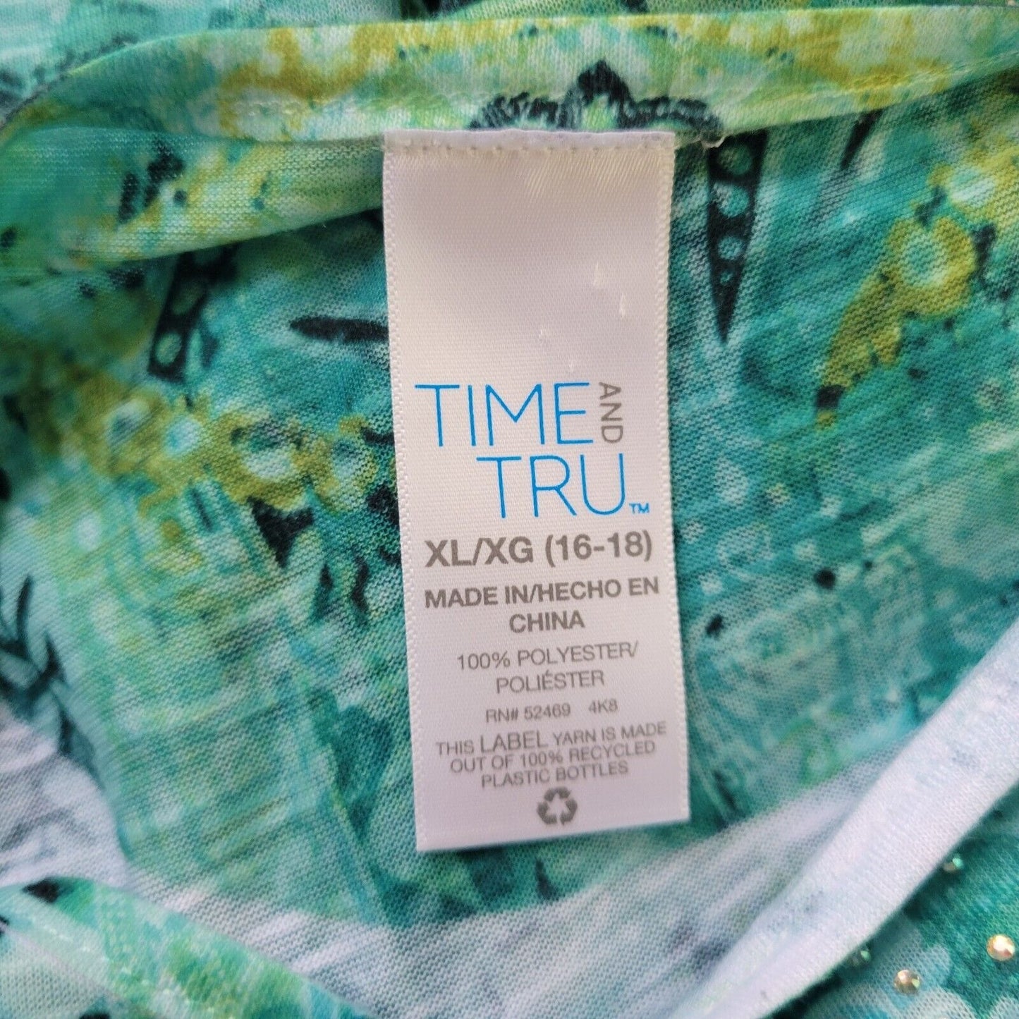 Time Tru Womens Top XL Flutter Sleeve Blue Green Geometric Rhinestones Comfy