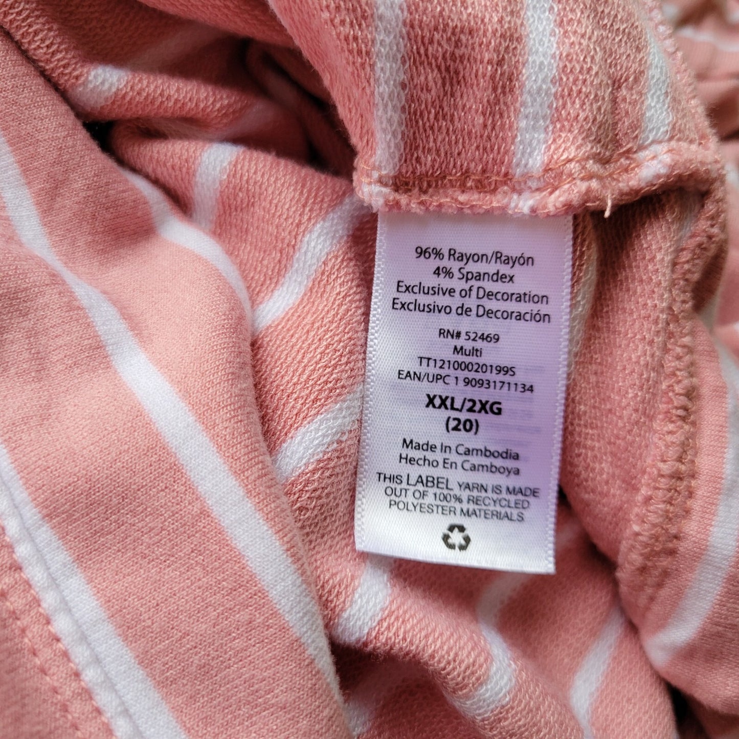 Time Tru Womens Top XXL 20 Hoodie Lightweight Pink Stripe Lightweight Pockets