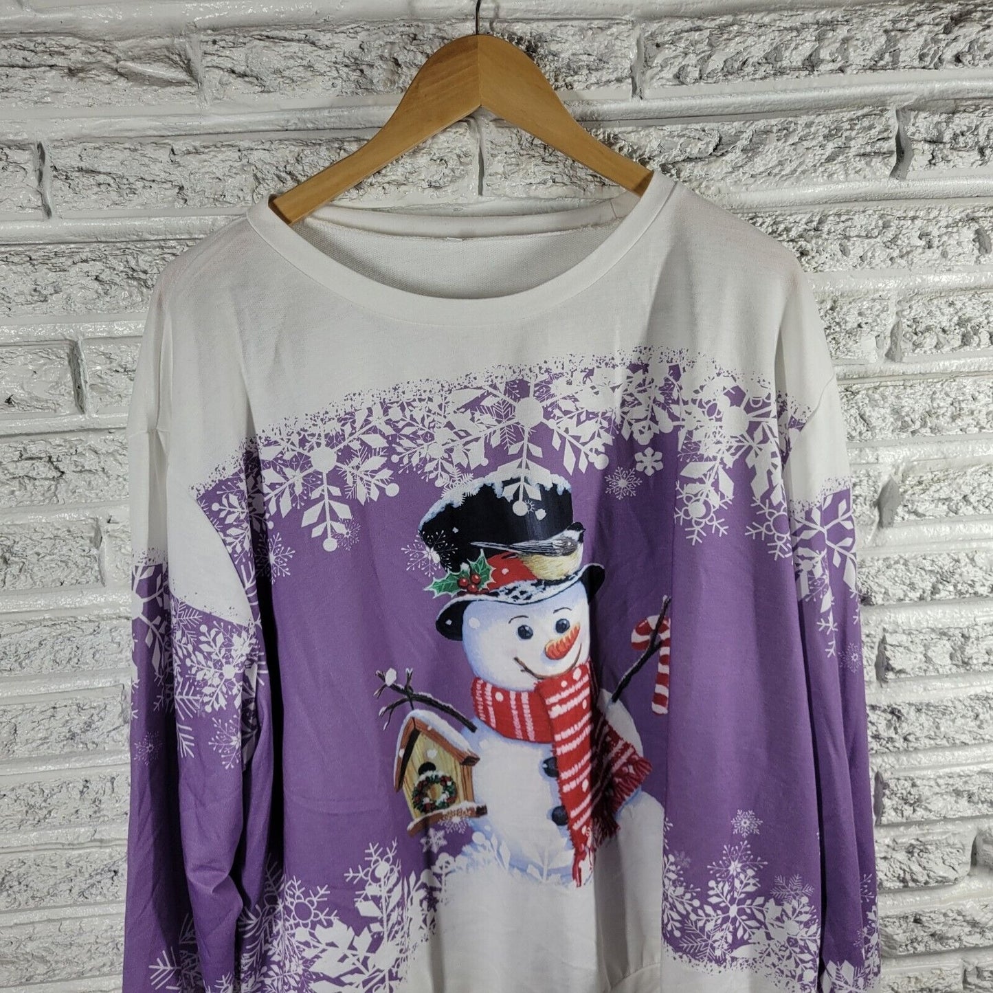 Christmas Womens Top 4XL Tee Long Sleeve Snowman Purple Poly Blend Lightweight