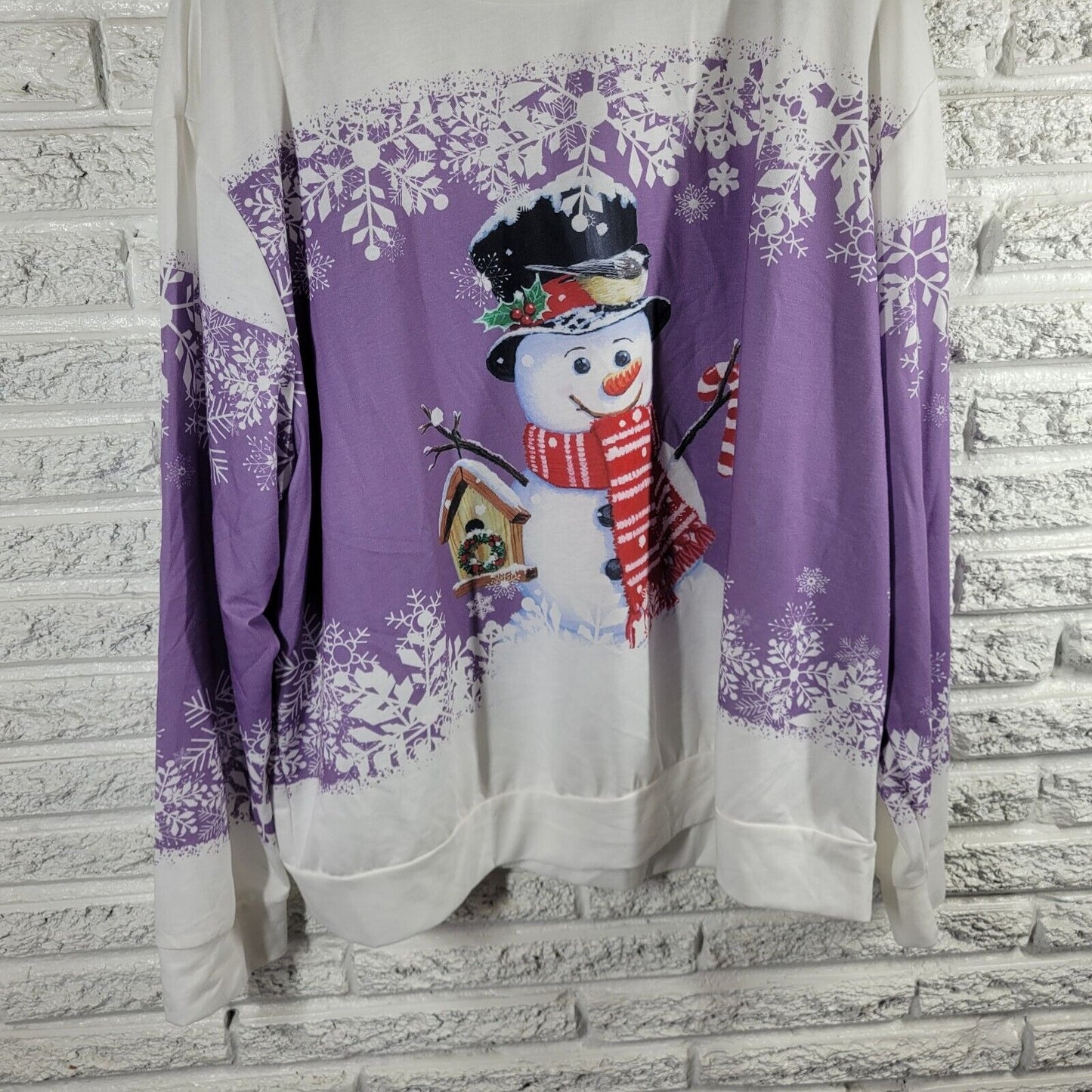 Christmas Womens Top 4XL Tee Long Sleeve Snowman Purple Poly Blend Lightweight