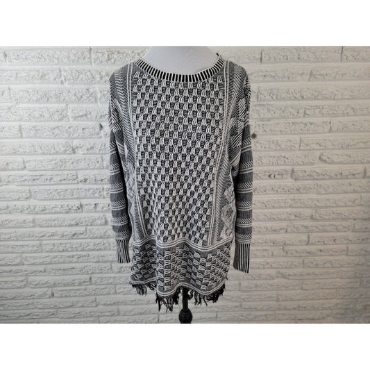 Chaus Womens Sweater Extra Large XL Pullover Black Geometric Fringe Casual Crew