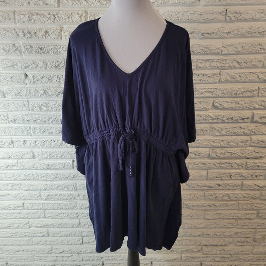Swim 365 Womens Cover Up 1X Plus Batwing Sleeve Blue Cotton Blend Drawstring
