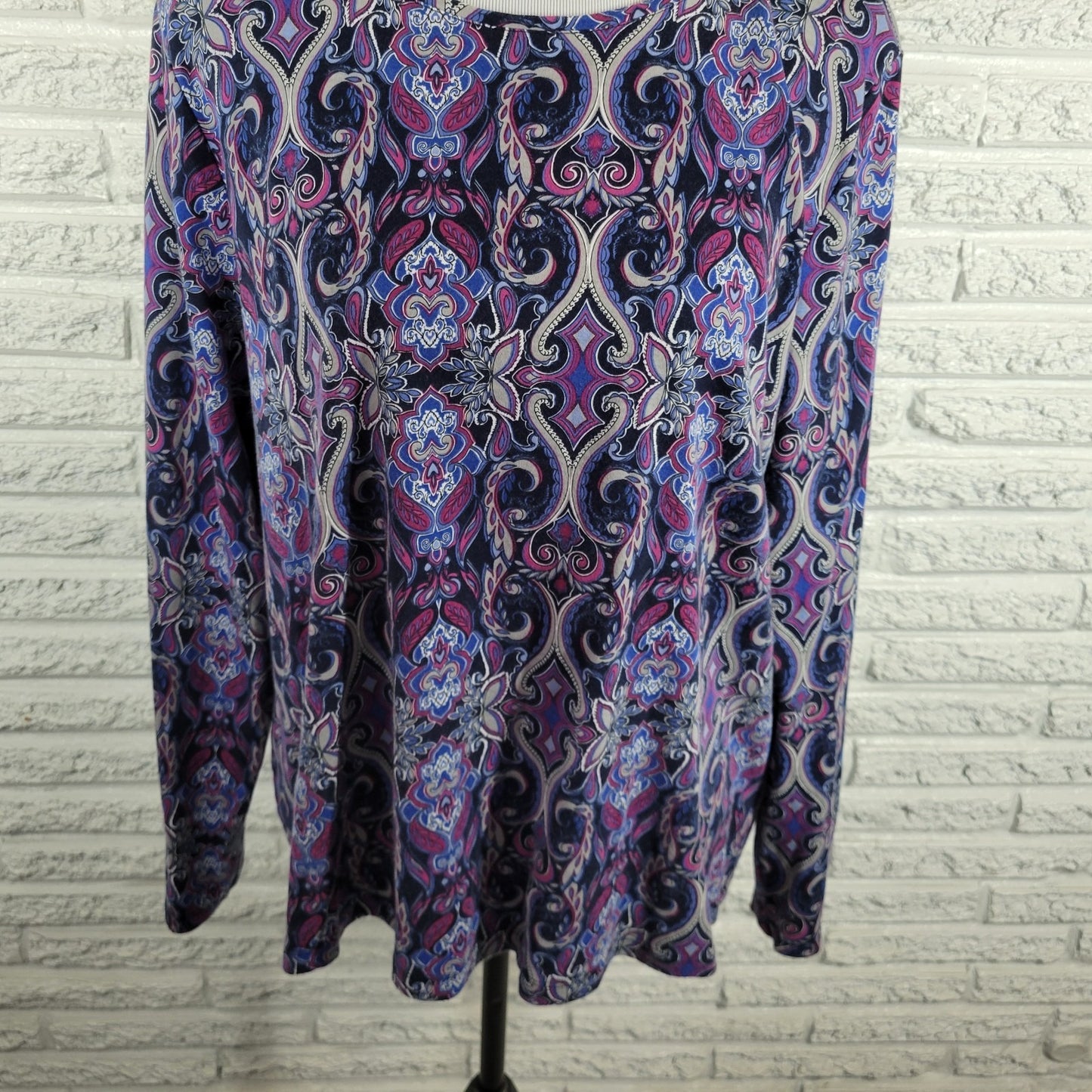 Croft Barrow Womens Top 2X Tee Long Sleeve Purple Geometric Cotton Comfy Casual