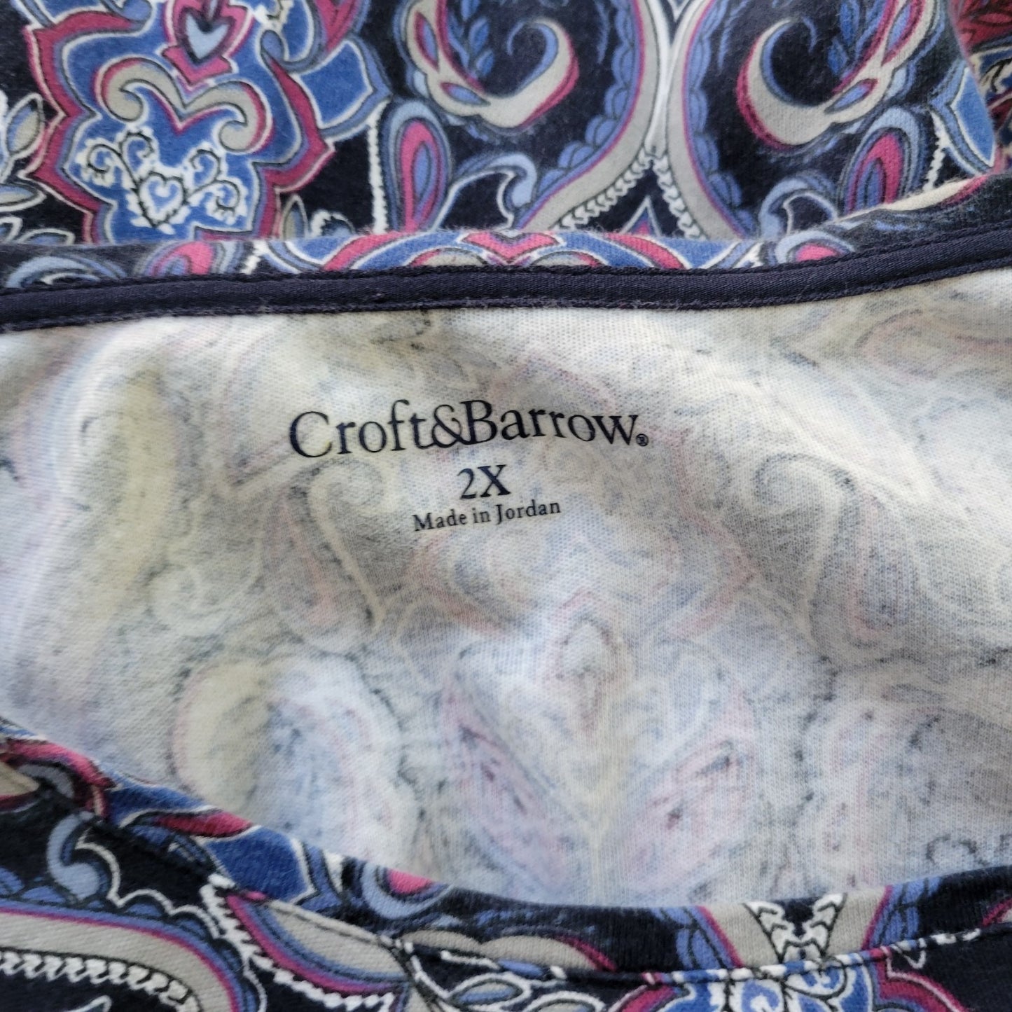 Croft Barrow Womens Top 2X Tee Long Sleeve Purple Geometric Cotton Comfy Casual