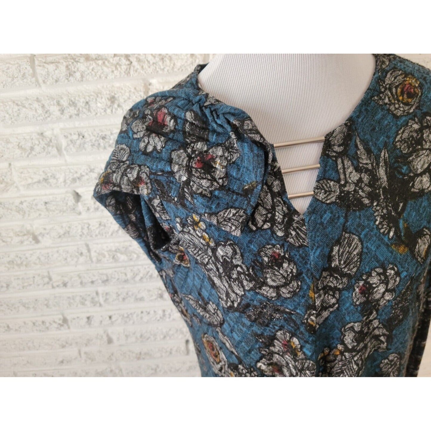 Apt 9 Women Top XXL Tunic 3/4 Sleeve Knit Ruched Blue Floral Poly Blend Keyhole