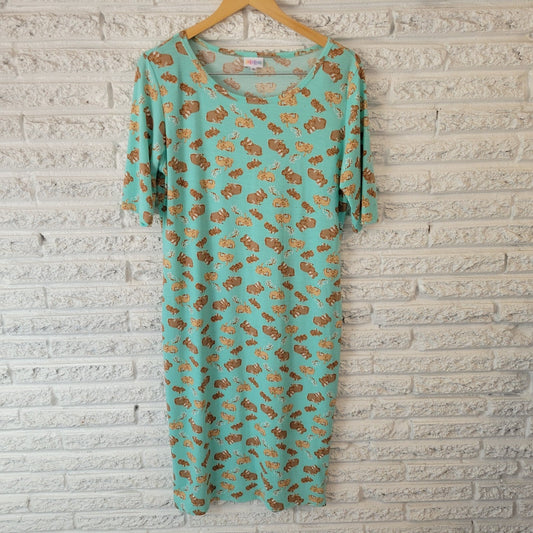 Easter Lularoe Womens Dress XL Short Sleeve Blue Brown Bunny Rabbits Poly Blend