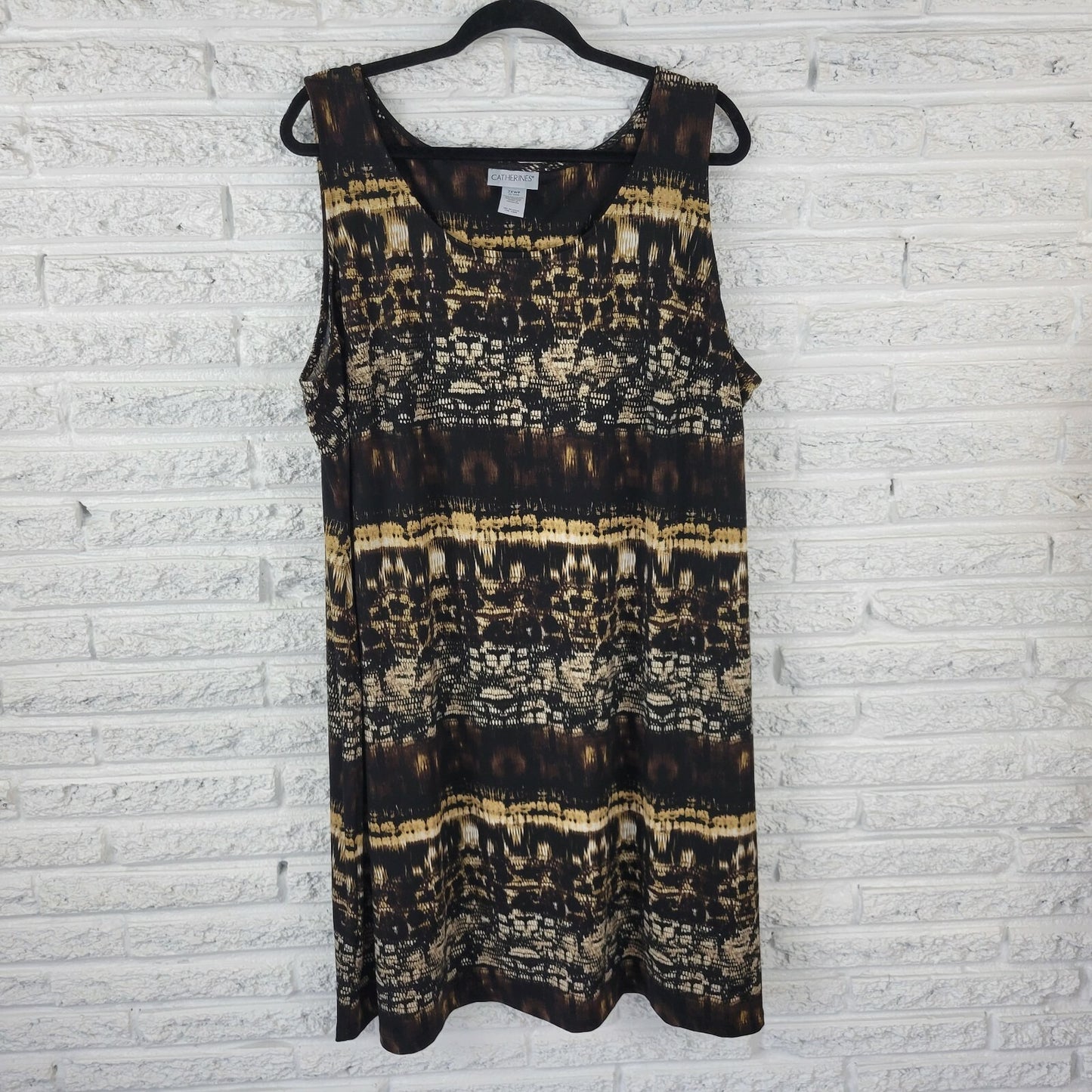 Catherines Womens Dress 2XWP Plus Sleeveless Shift Black Tan Animal Print
