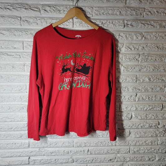 Christmas Womens Top 2X Plus Tee Long Sleeve Santa Here Comes Grandma Red Cotton