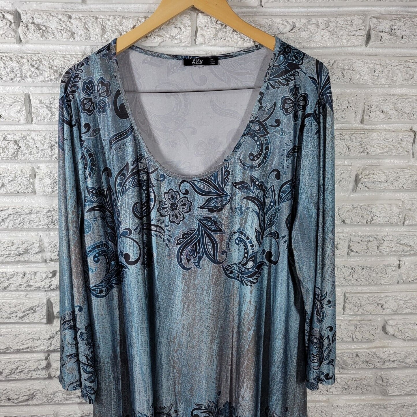 Lily Firmiana Womens Dress 3XL Plus Long Sleeve Mini Blue Paisley Poly Blend