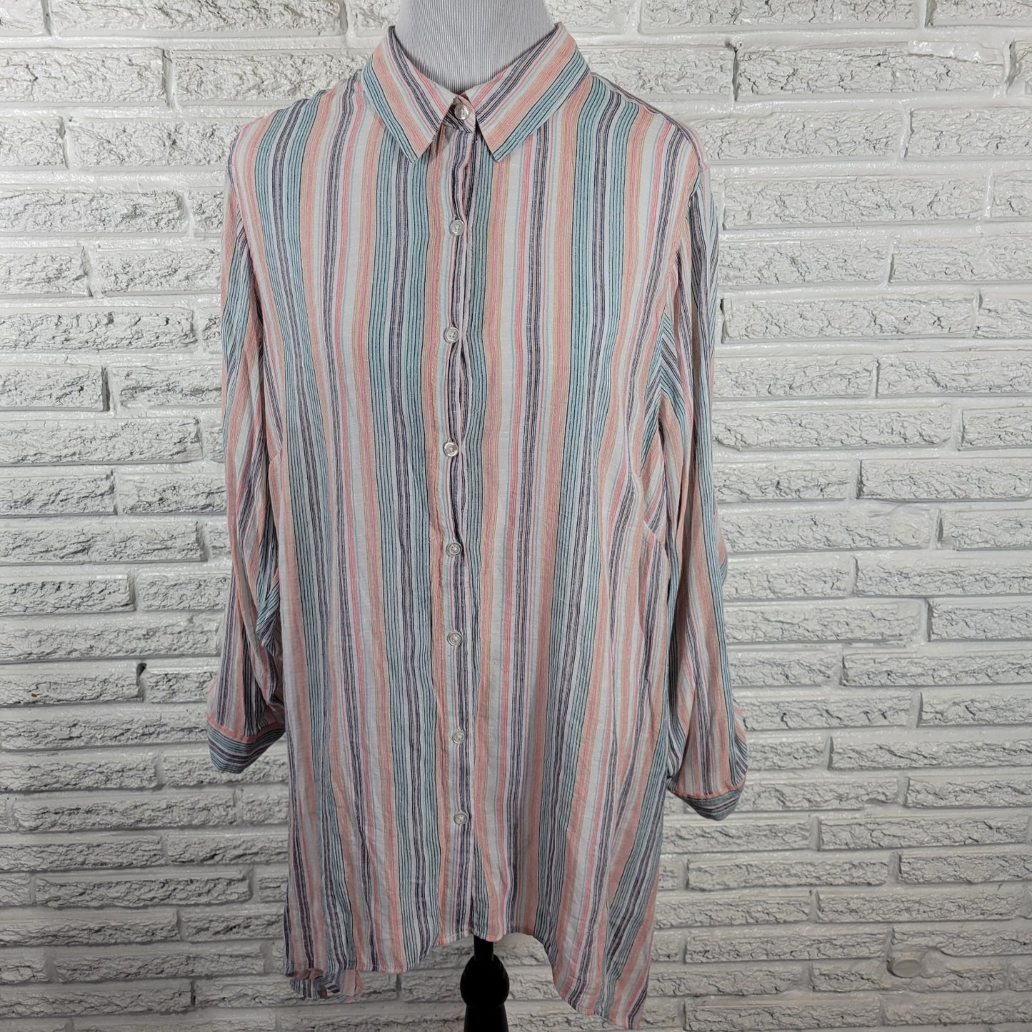 Zac Rachel Womens Top 2X Plus Roll Tab Sleeve Stripe Pink Blue Pastel Button Up