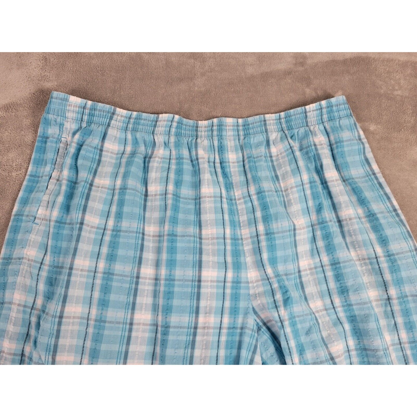 Roamans Women Shorts 30W Plus Blue Plaid Elastic Waist Seersucker Cotton Pockets