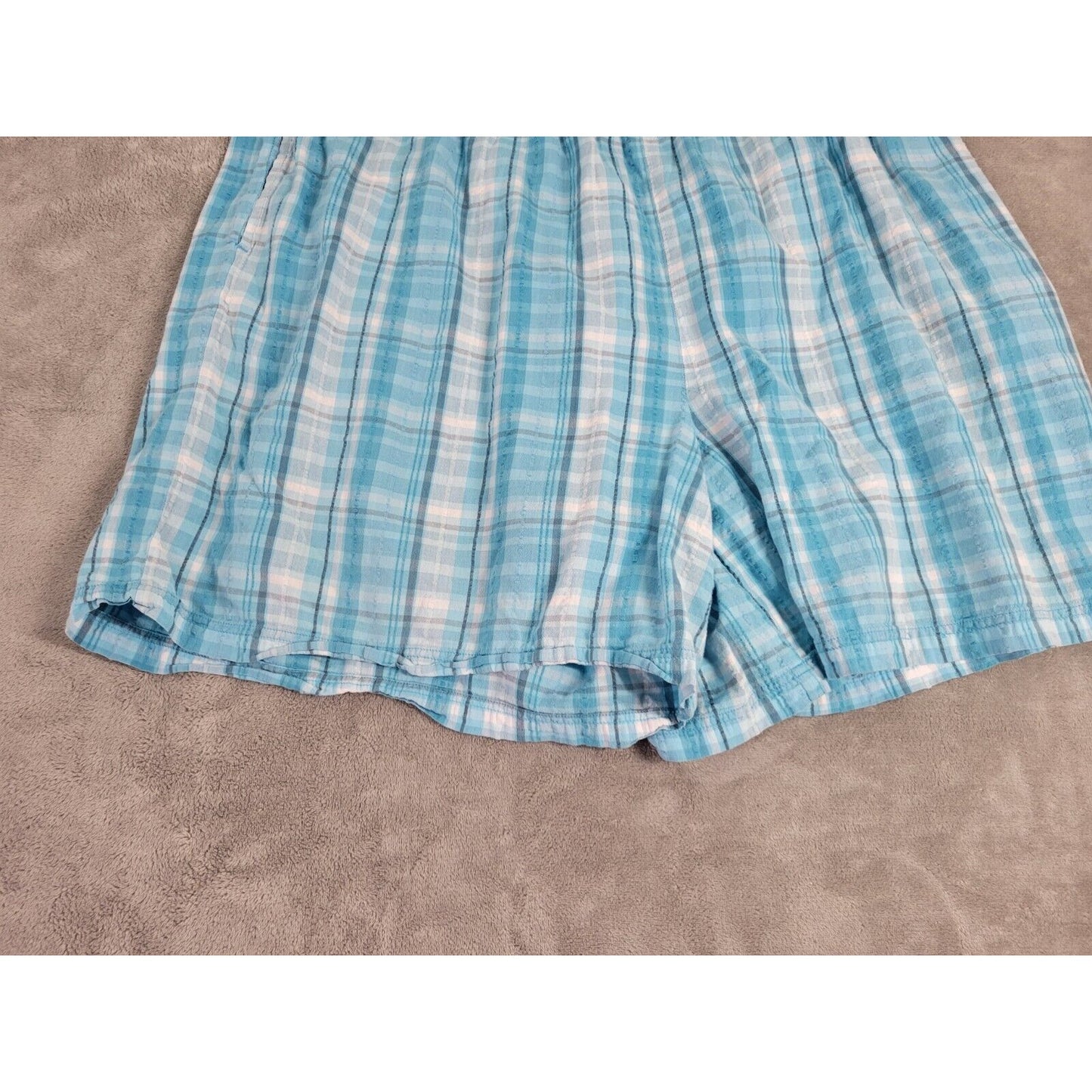 Roamans Women Shorts 30W Plus Blue Plaid Elastic Waist Seersucker Cotton Pockets