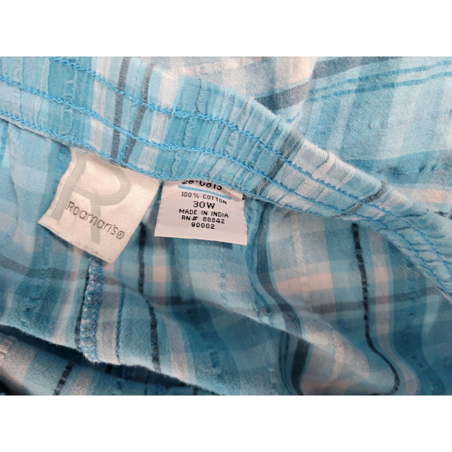 Roamans Women Shorts 30W Plus Blue Plaid Elastic Waist Seersucker Cotton Pockets