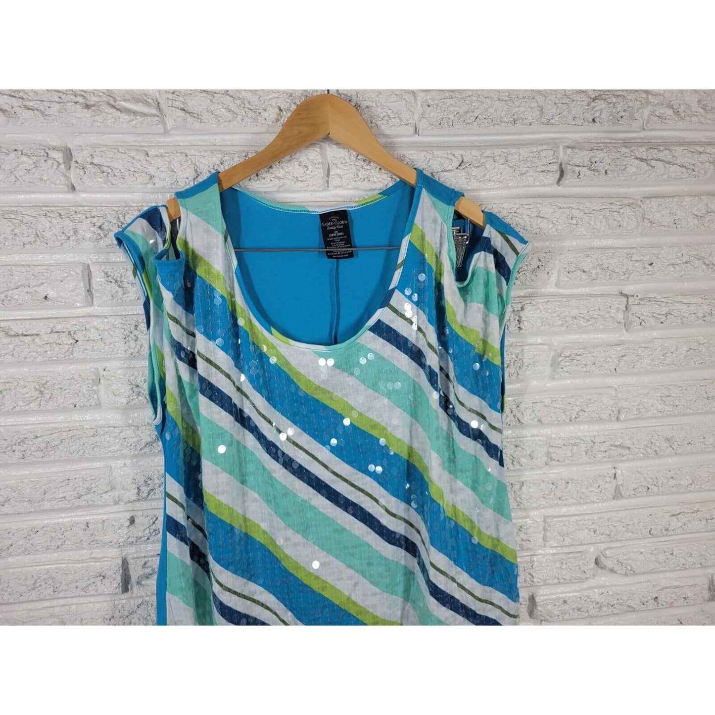 Faded Glory Womens Top 2X Tee Cold Shoulder Poly Blend Blue Stripe Clear Sequins