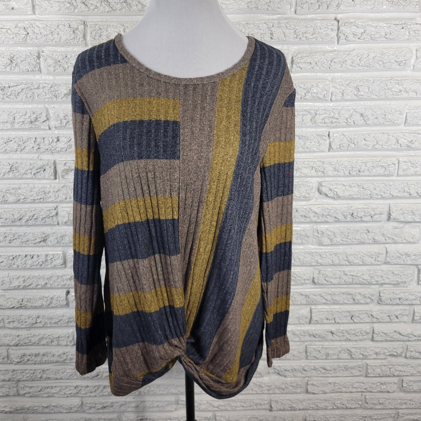 Live Let Live Womens Sweater XL Long Sleeve Blue Gold Stripe Knotted Hem Comfy