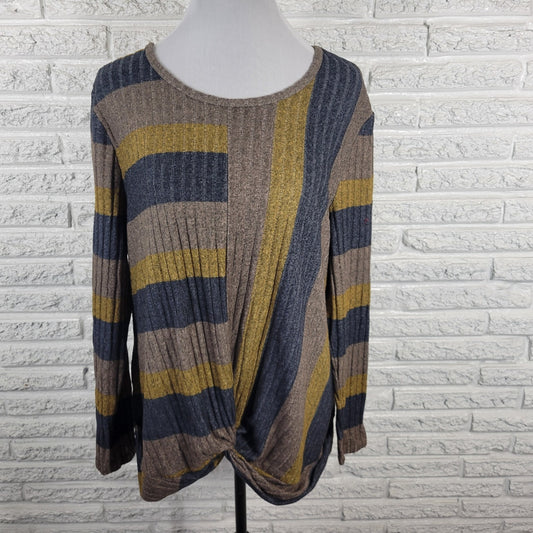 Live Let Live Womens Sweater XL Long Sleeve Blue Gold Stripe Knotted Hem Comfy