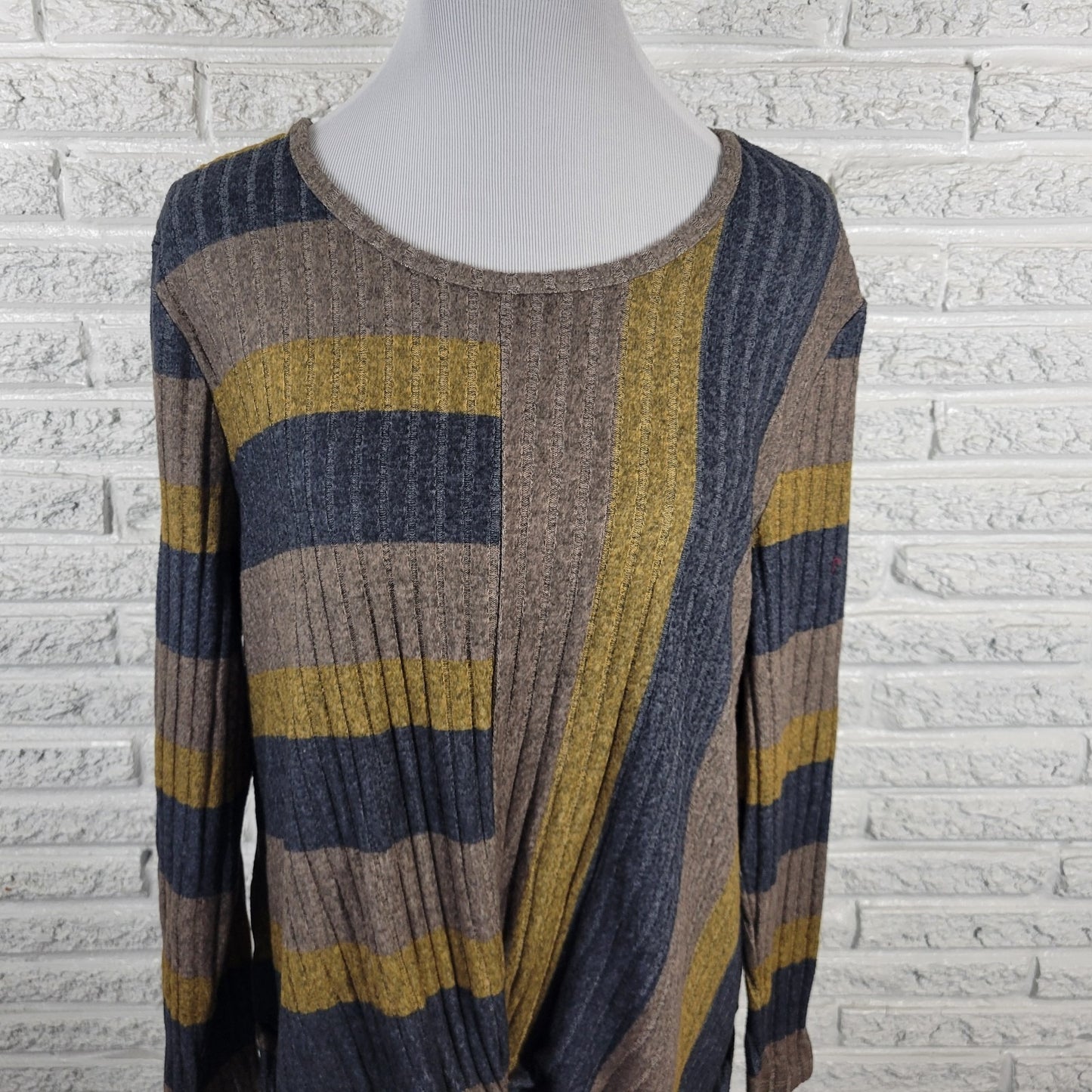 Live Let Live Womens Sweater XL Long Sleeve Blue Gold Stripe Knotted Hem Comfy