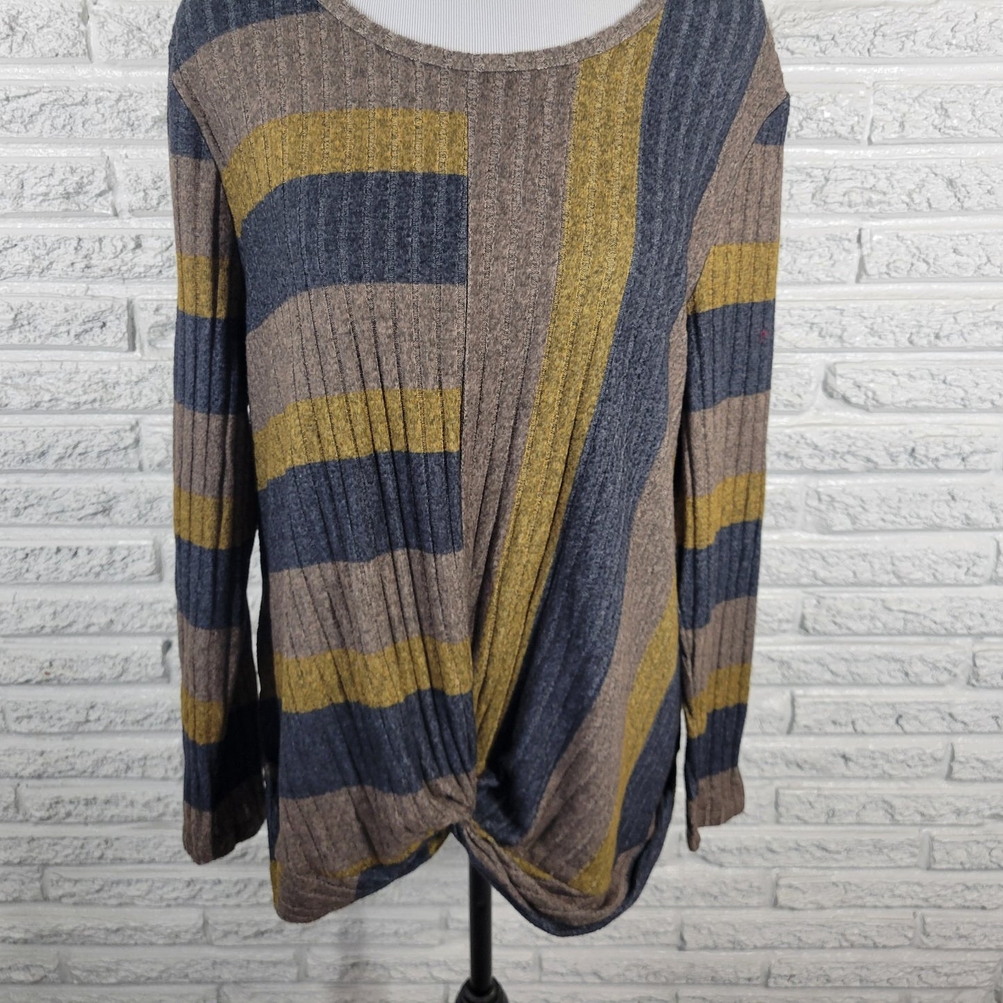 Live Let Live Womens Sweater XL Long Sleeve Blue Gold Stripe Knotted Hem Comfy