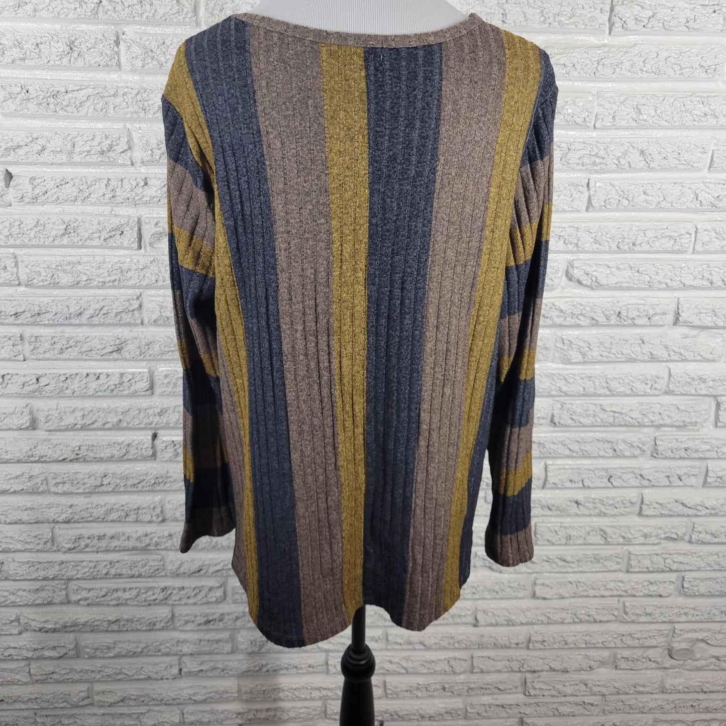 Live Let Live Womens Sweater XL Long Sleeve Blue Gold Stripe Knotted Hem Comfy