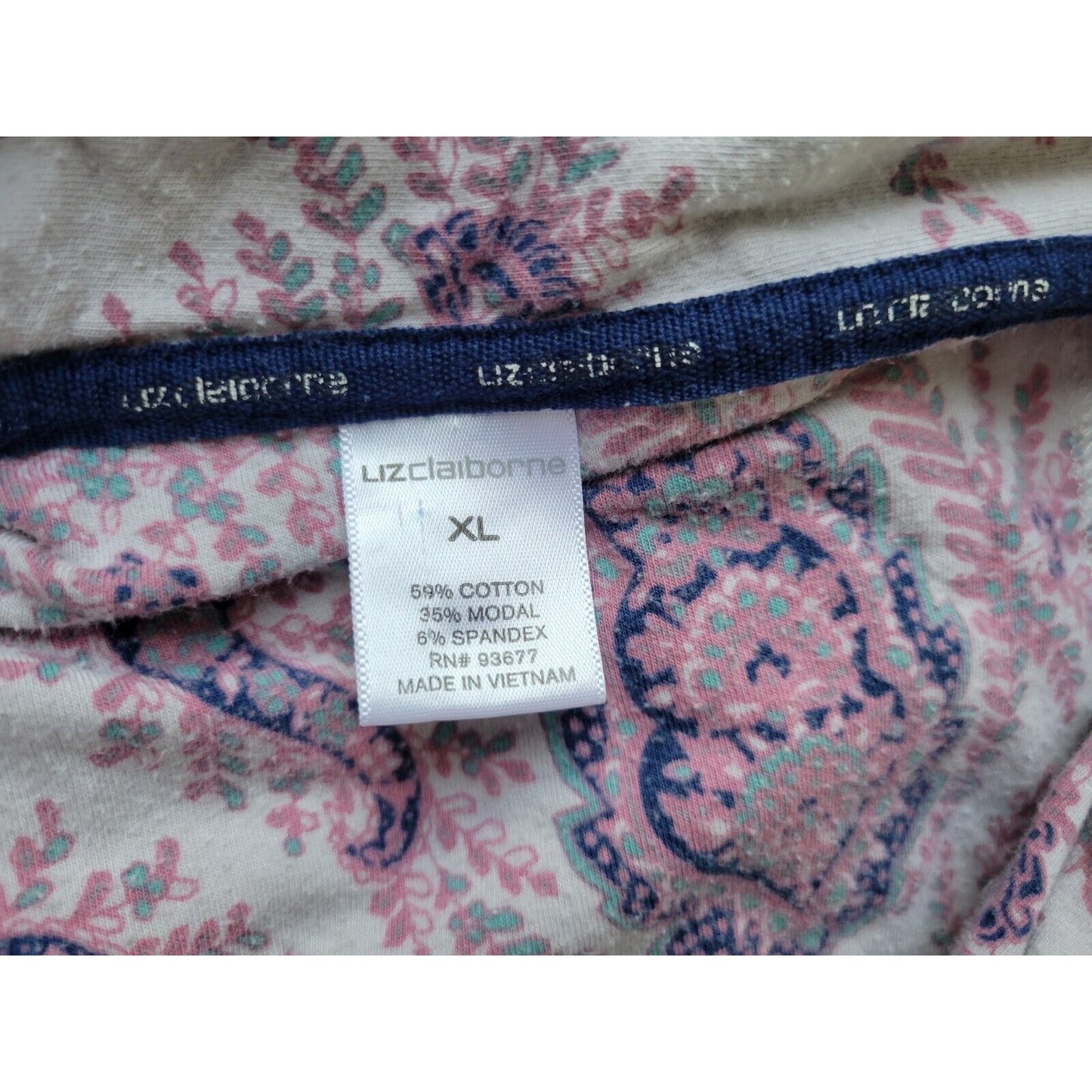 Liz Claiborne Womens Pajama Set Extra Large XL Purple Paisley Loungewear Collar