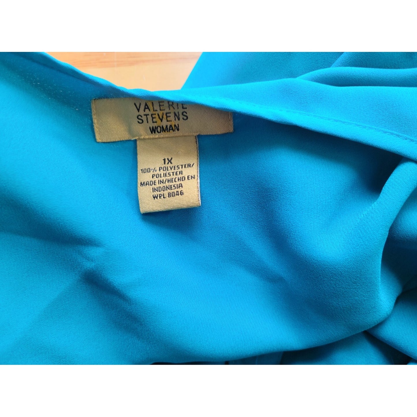 Valerie Stevens Womens Top 1X Plus Ruched 3/4 Sleeve Button Up Polyester Blue