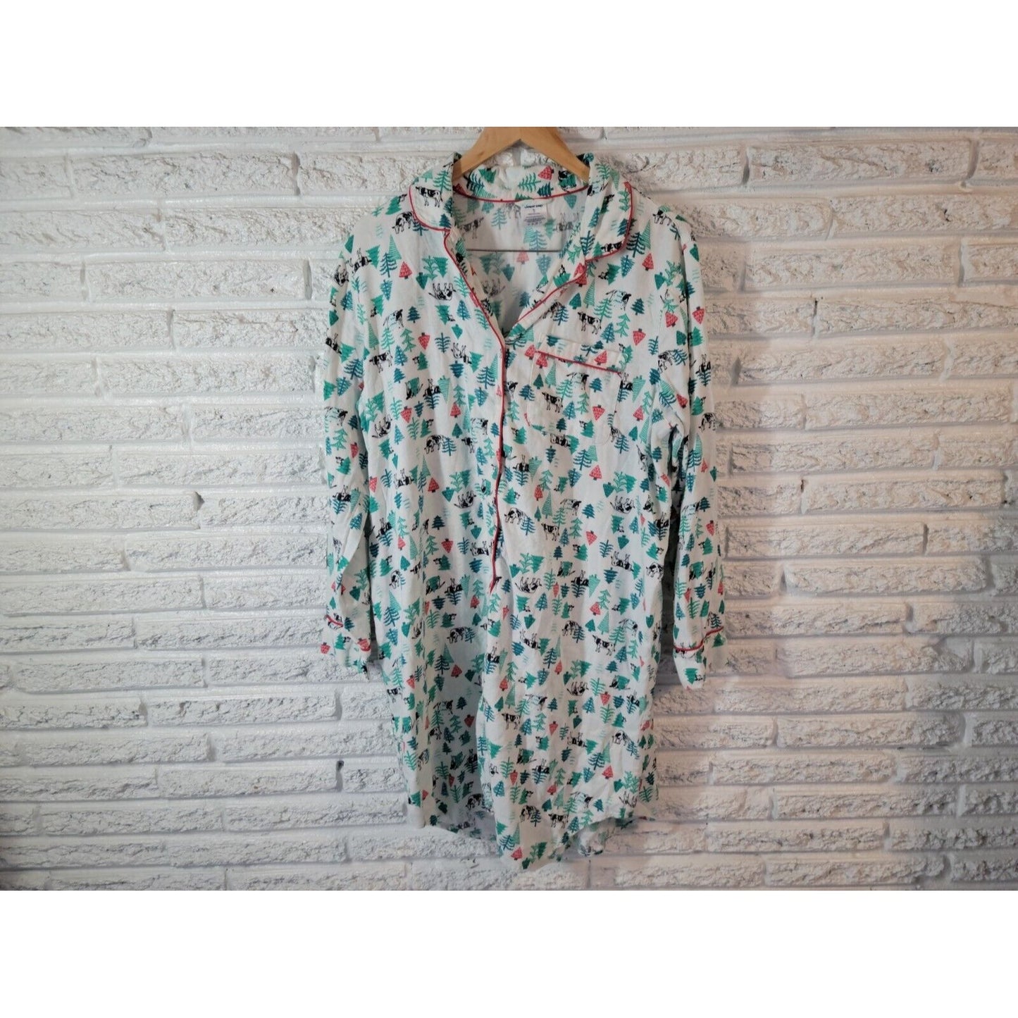 Christmas Lands End Womens Pajamas XL 18 Nightgown Cows Cotton Collar Green