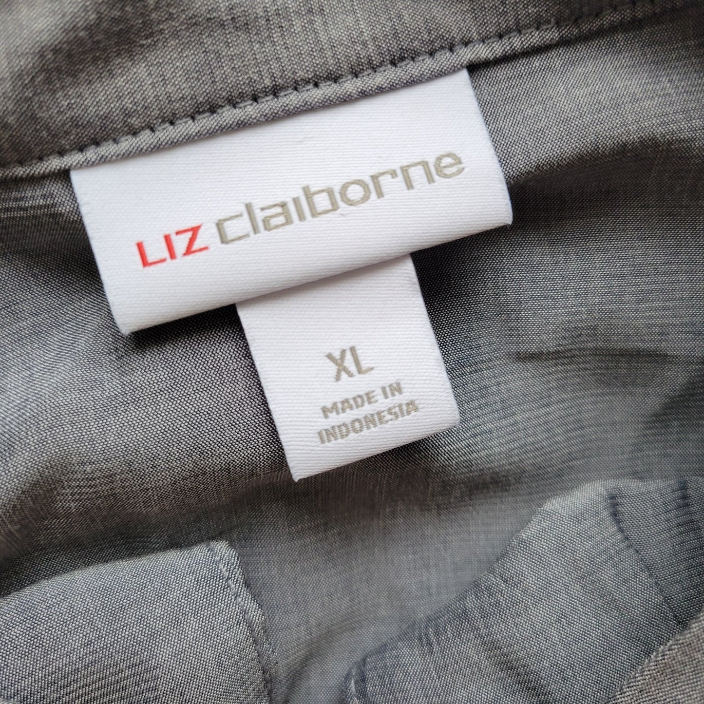 Liz Claiborne Womens Top XL Long Sleeve Gray Pleated Keyhole Lightweight Office