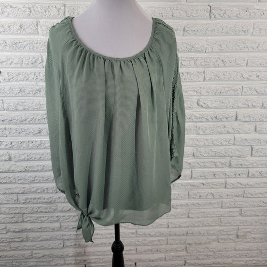 Alyx Womens Top Extra Large XL Sheer Crochet 3/4 Sleeve Green Lined Under Tank