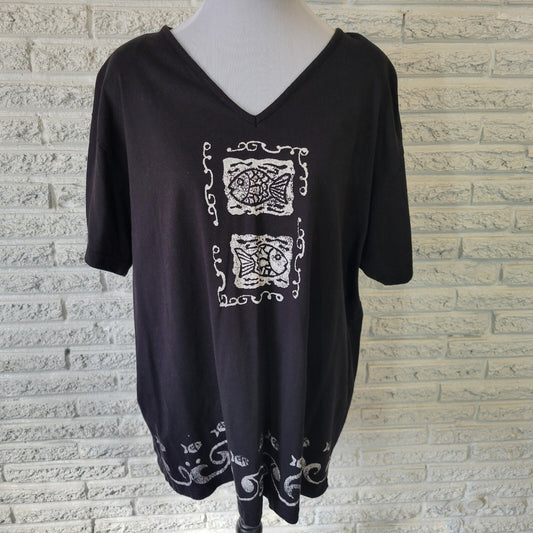 Vintage Casual Corner Women Top 2X Plus Tee Black Fish Cotton Blend Shoulder Pad