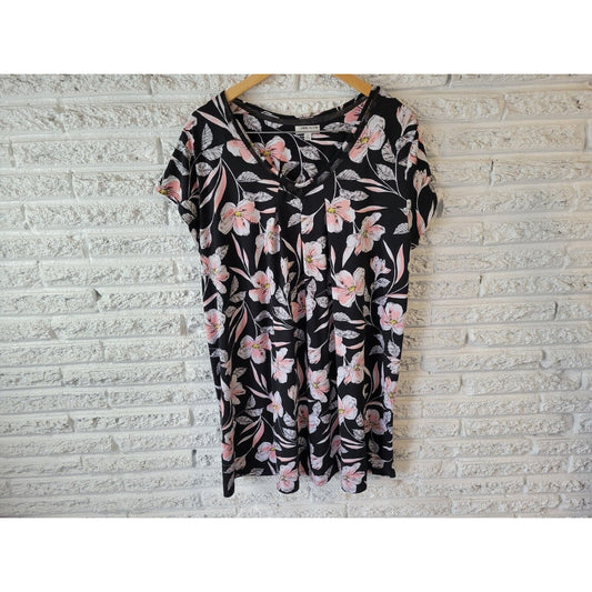 Anne  Klein Womens Dress 1X Plus Mini T-Shirt Cap Sleeve Black Floral Poly Blend
