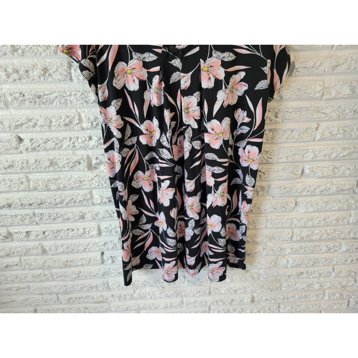 Anne  Klein Womens Dress 1X Plus Mini T-Shirt Cap Sleeve Black Floral Poly Blend