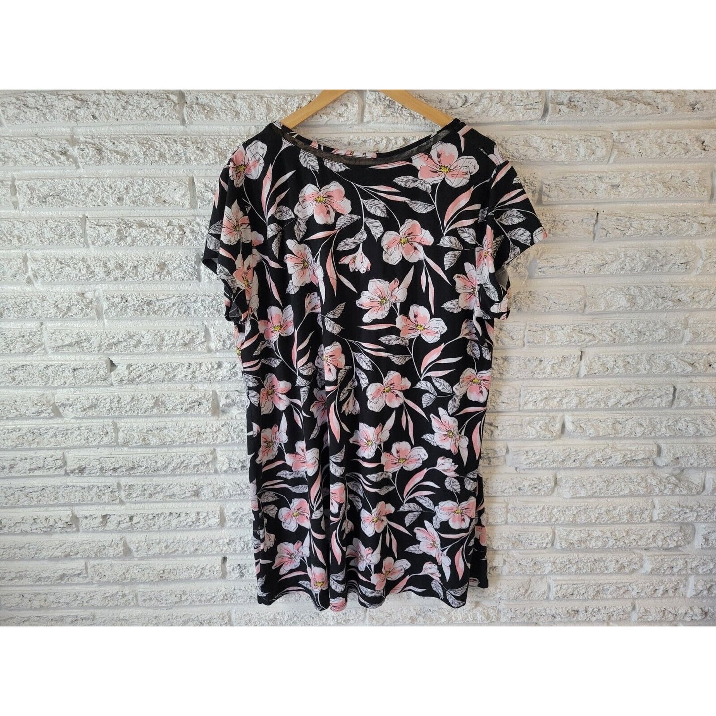 Anne  Klein Womens Dress 1X Plus Mini T-Shirt Cap Sleeve Black Floral Poly Blend