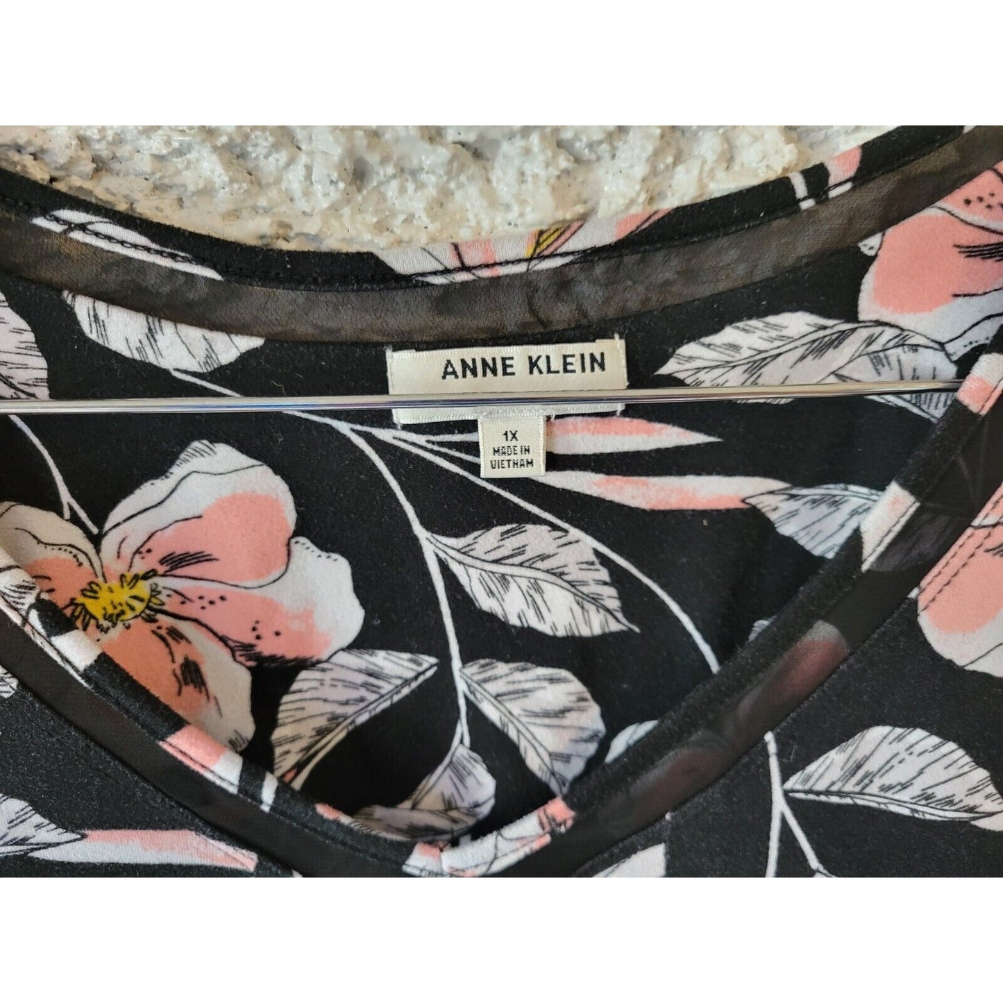 Anne  Klein Womens Dress 1X Plus Mini T-Shirt Cap Sleeve Black Floral Poly Blend