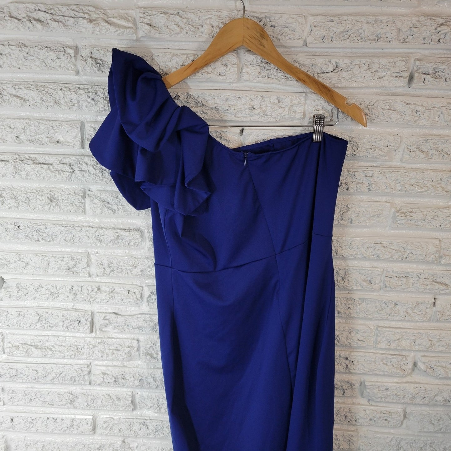 Mokoru Womens Dress XXL Plus One Shoulder Sheath Ruffle Sleeve Blue Party Zip Up
