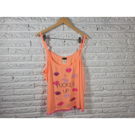 Joe Boxer Womens Top 3X Pajama Cami Pucker Up Lips Orange Poly Blend Lace Hem