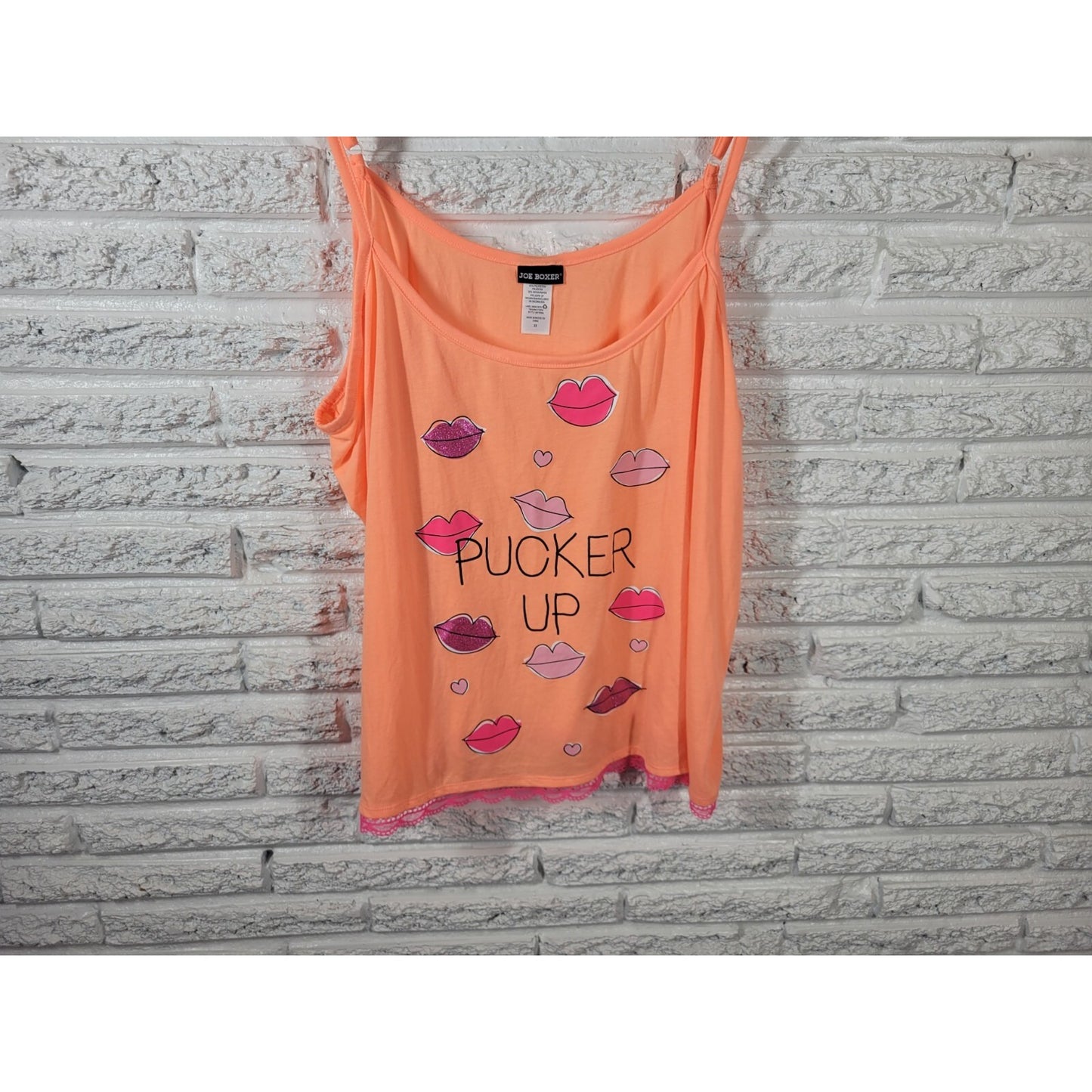 Joe Boxer Womens Top 3X Pajama Cami Pucker Up Lips Orange Poly Blend Lace Hem
