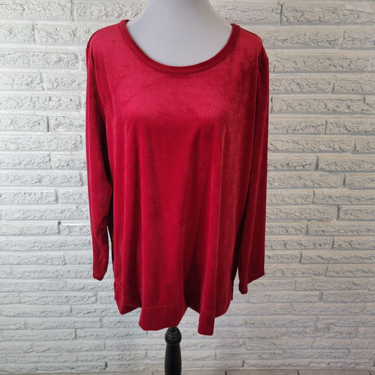 Woman Within Women Top 1X 22 24 Plus Long Sleeve Red Velour Soft Comfy Polyester