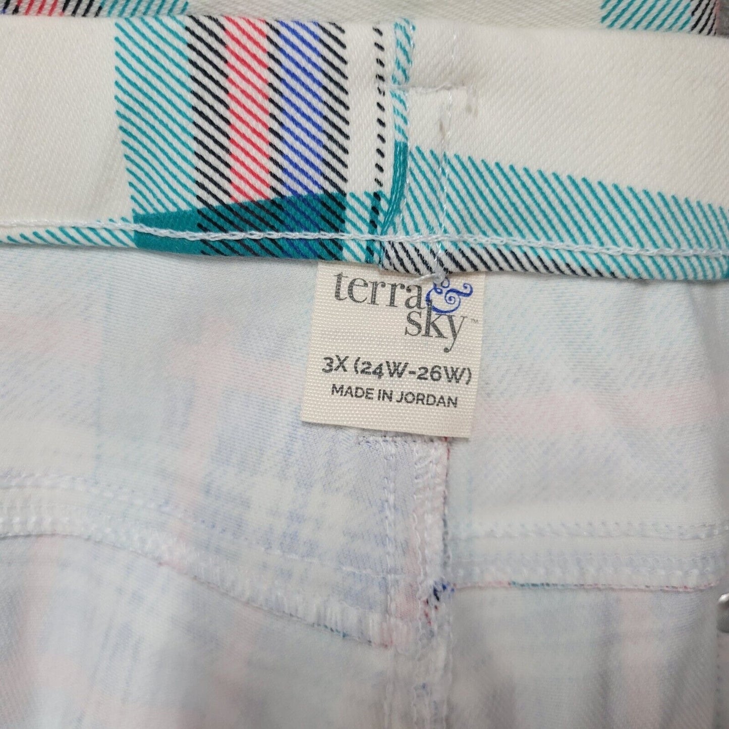 Terra Sky Womens Pants 3X 24W 26W Pull On Cropped Red Green Plaid Cotton Blend