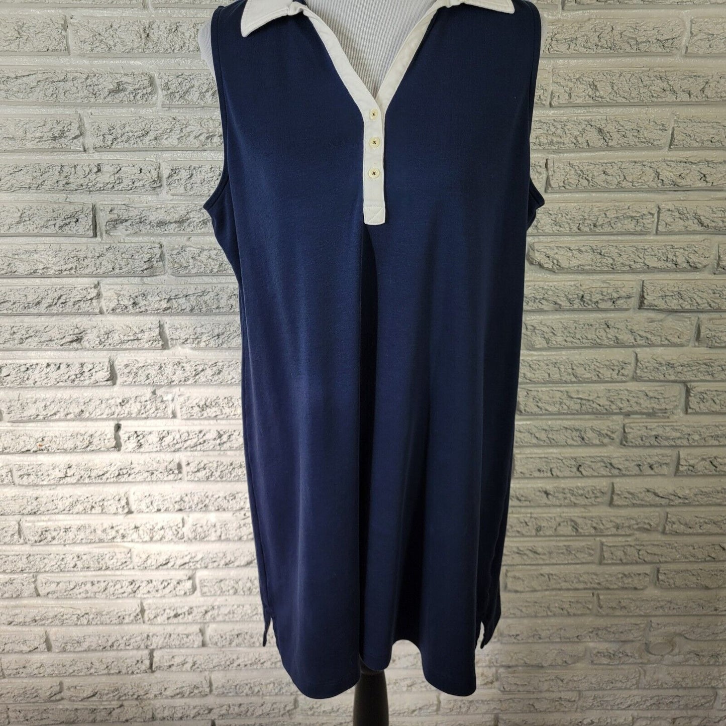 Lands End Women Dress XLP Petite Sleeveless Mini Blue Cotton Collar Casual Comfy