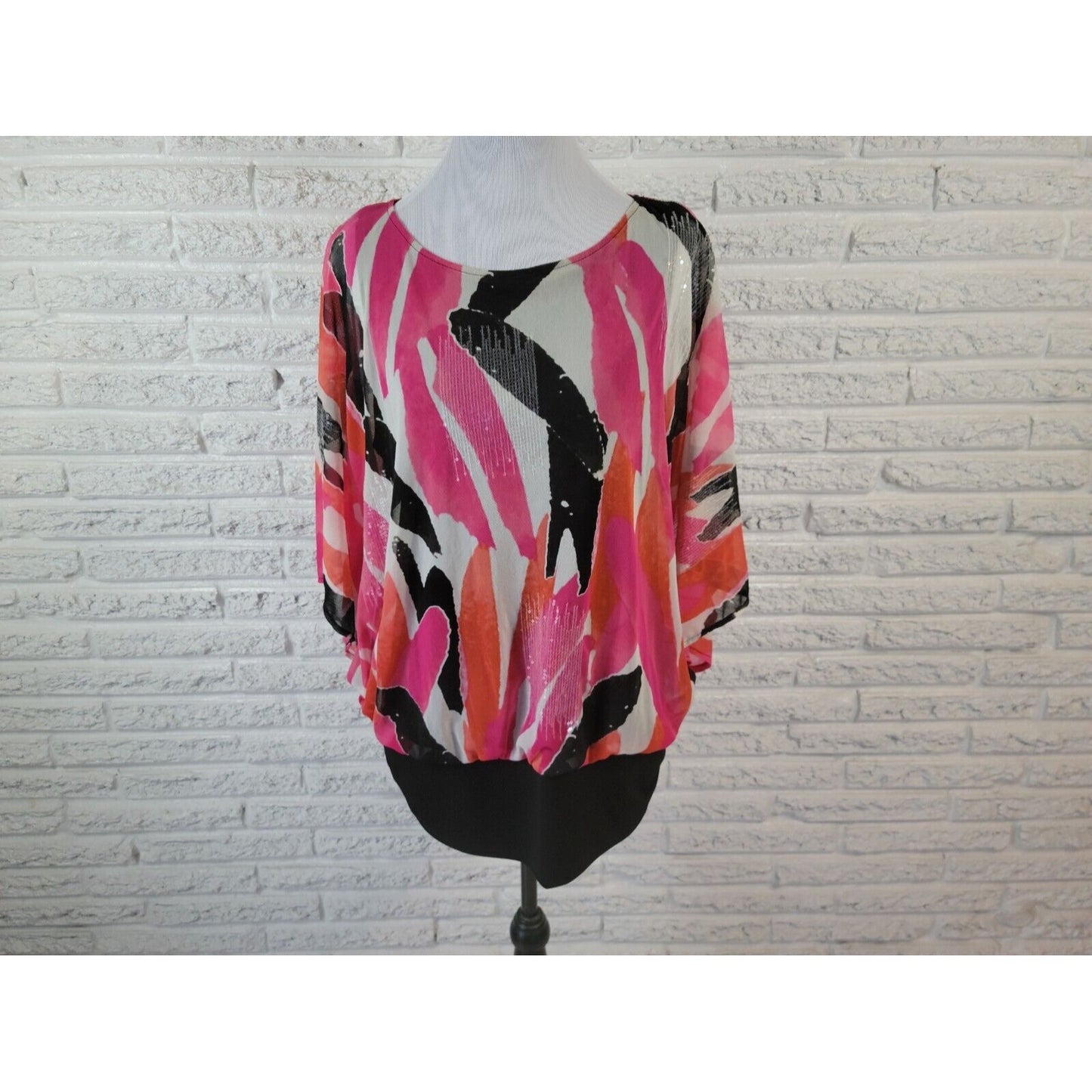 Alfani Womens Top 0X Plus Tunic Batwing Pink Watercolor Lined Sequins Career