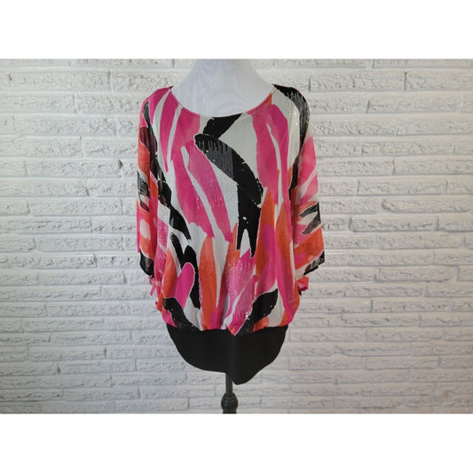 Alfani Womens Top 0X Plus Tunic Batwing Pink Watercolor Lined Sequins Career