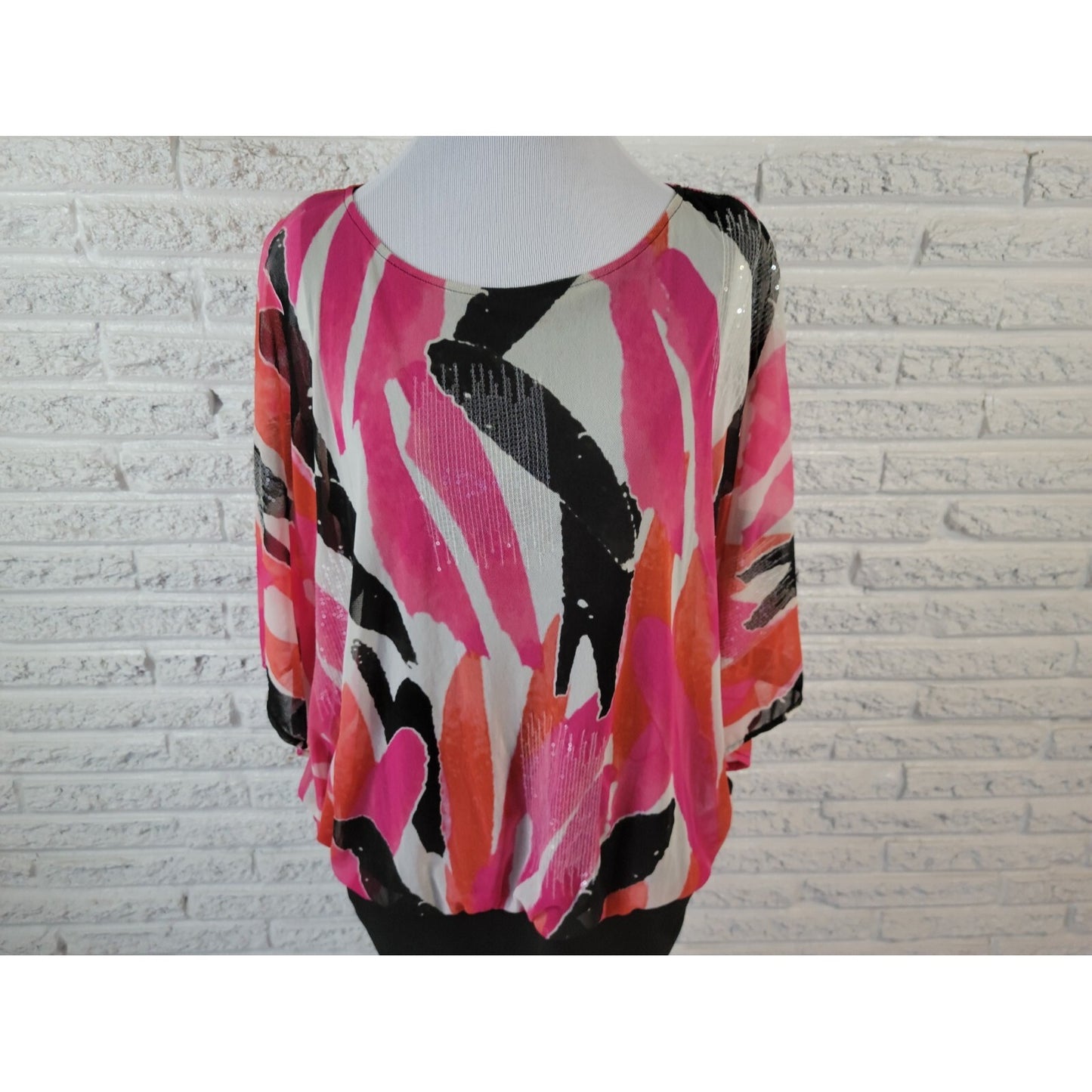 Alfani Womens Top 0X Plus Tunic Batwing Pink Watercolor Lined Sequins Career