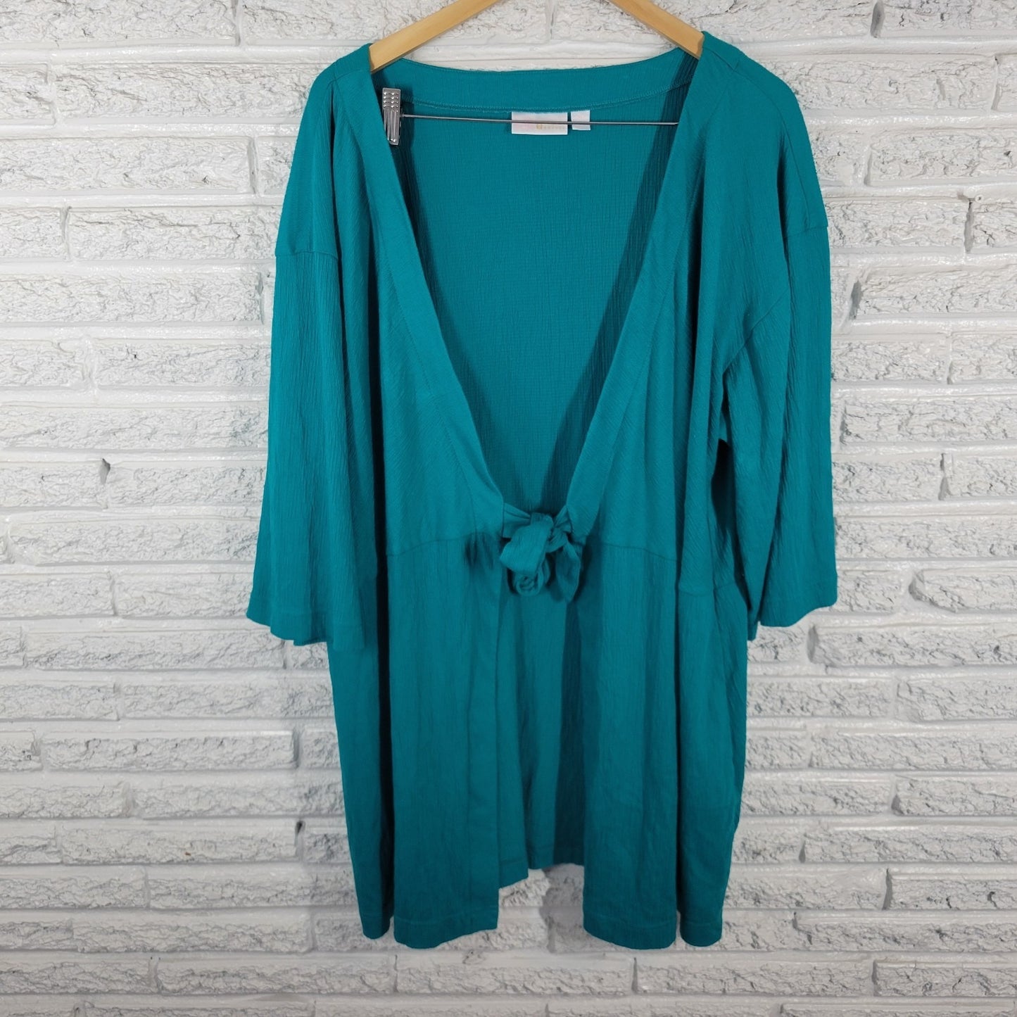 Belle Kim Gravel QVC Womens Top XL Cardigan Tied Green Cotton Blend Casual Layer