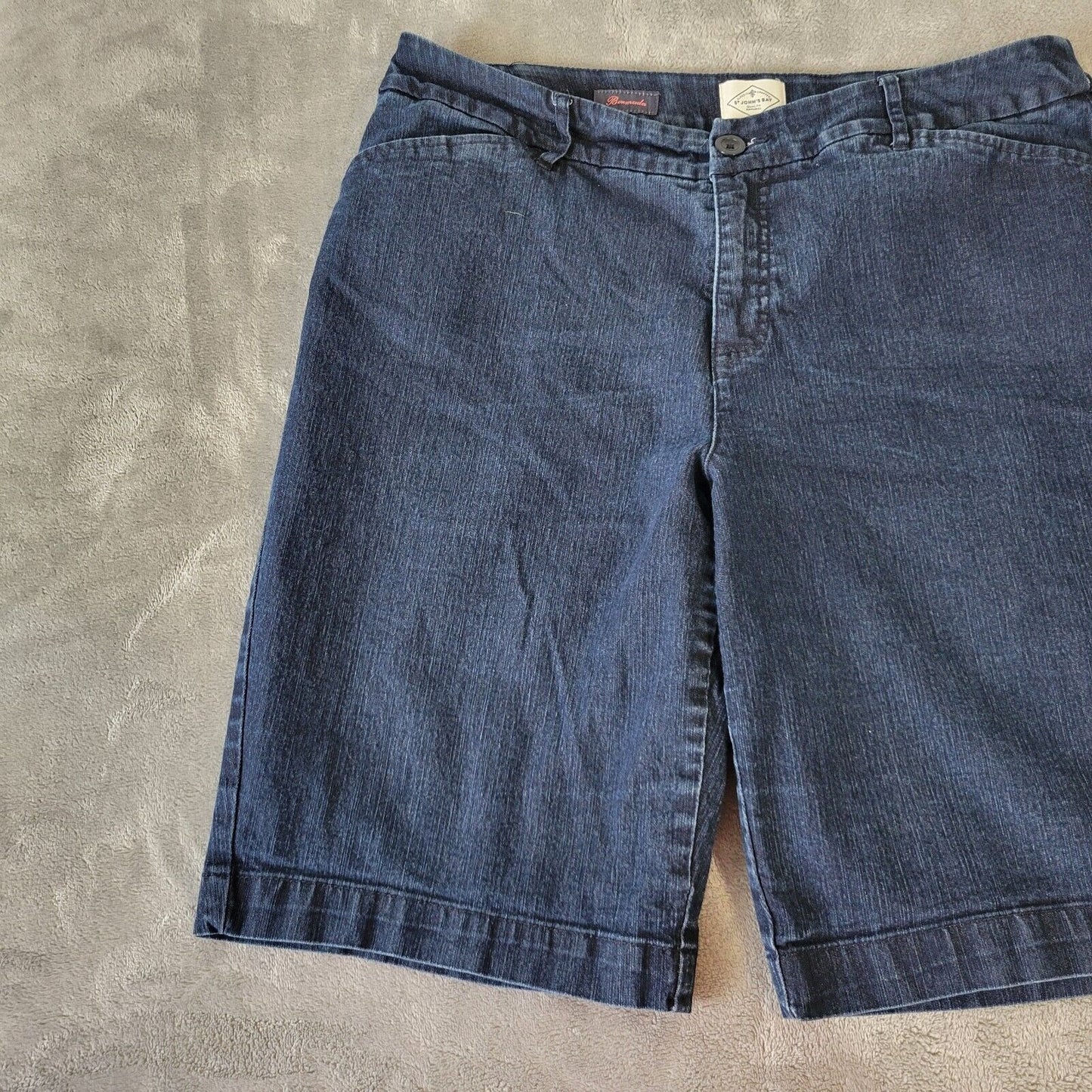 St Johns Bay Womens Shorts 16W Bermuda Dark Blue Denim Elastic Waist Zip Fly