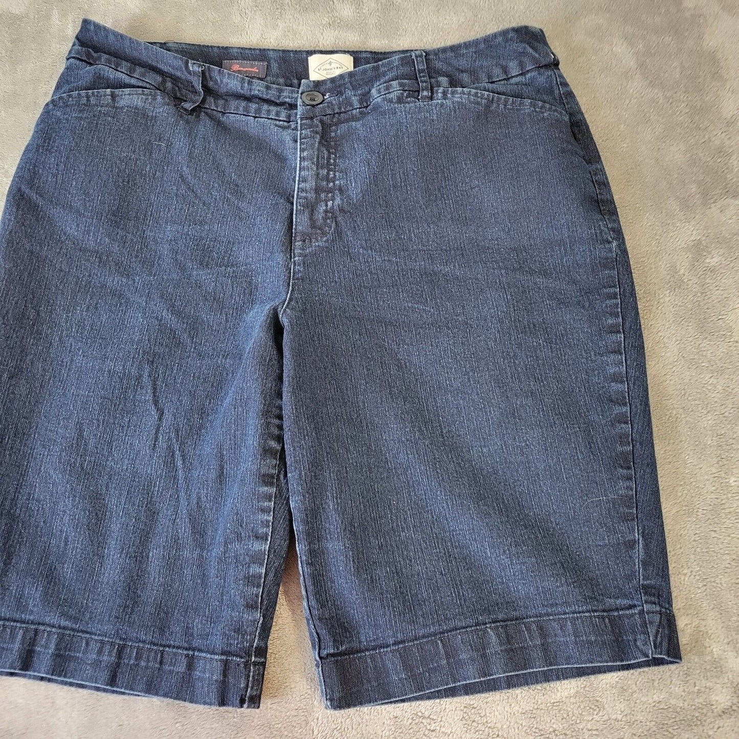 St Johns Bay Womens Shorts 16W Bermuda Dark Blue Denim Elastic Waist Zip Fly