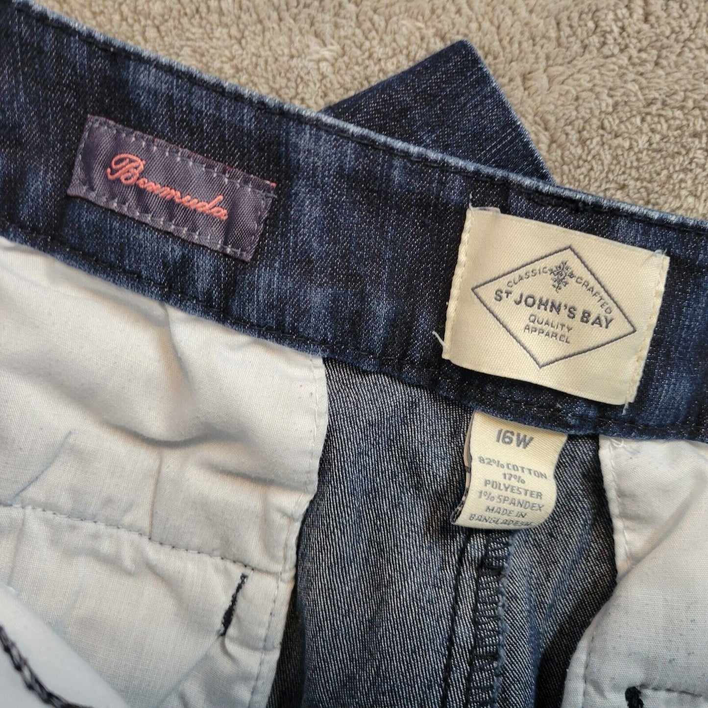 St Johns Bay Womens Shorts 16W Bermuda Dark Blue Denim Elastic Waist Zip Fly