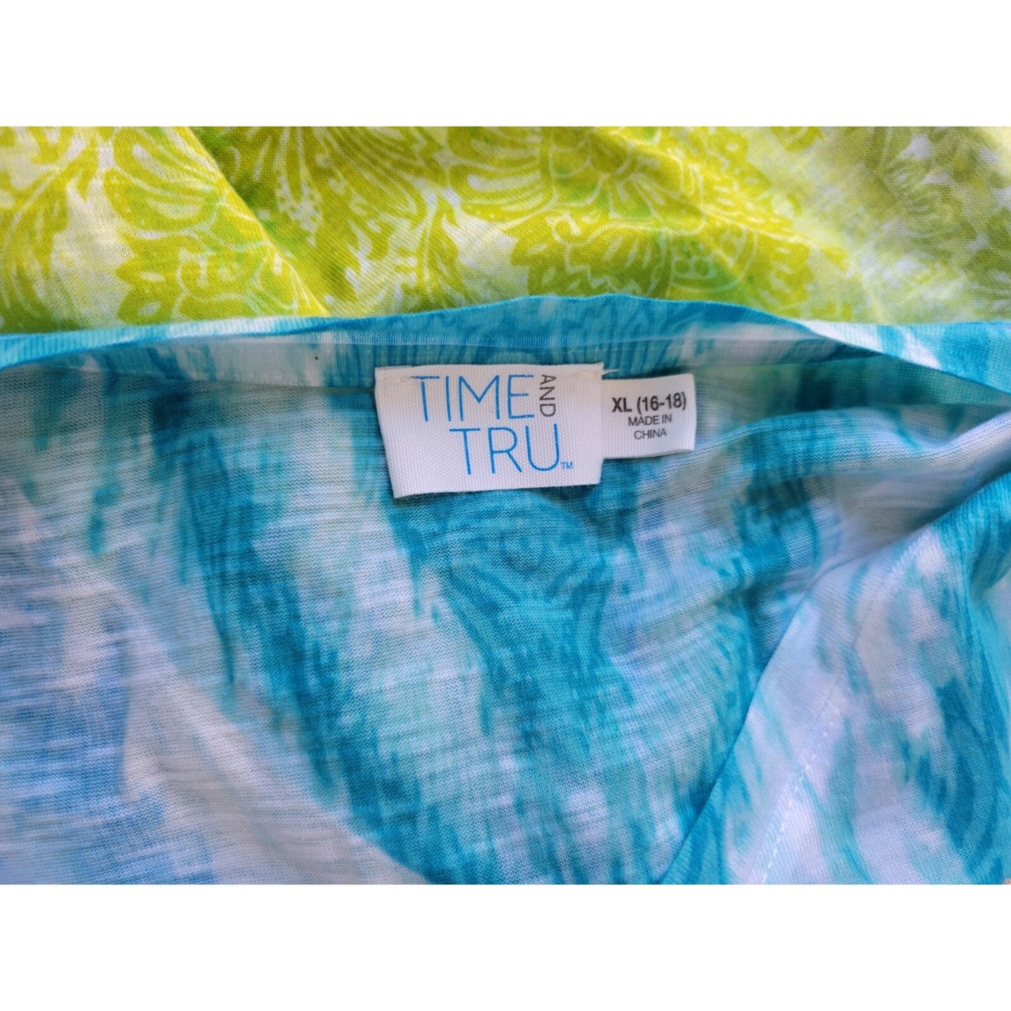 Time Tru Womens Top XL Tee Short Sleeve Lace Rhinestone Blue Watercolor Casual